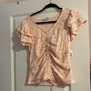 Jolie&Joy Pink Eyelet floral flare sleeved cinched bottom top